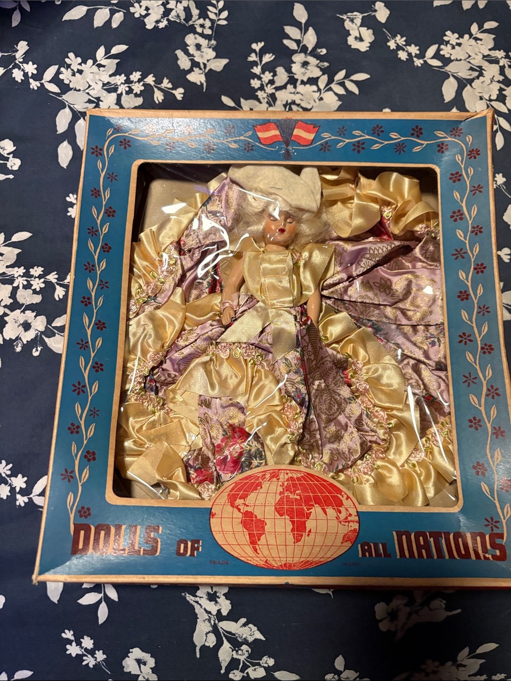Vintage Decorative Plastic Doll in Gold and Lavender Dress